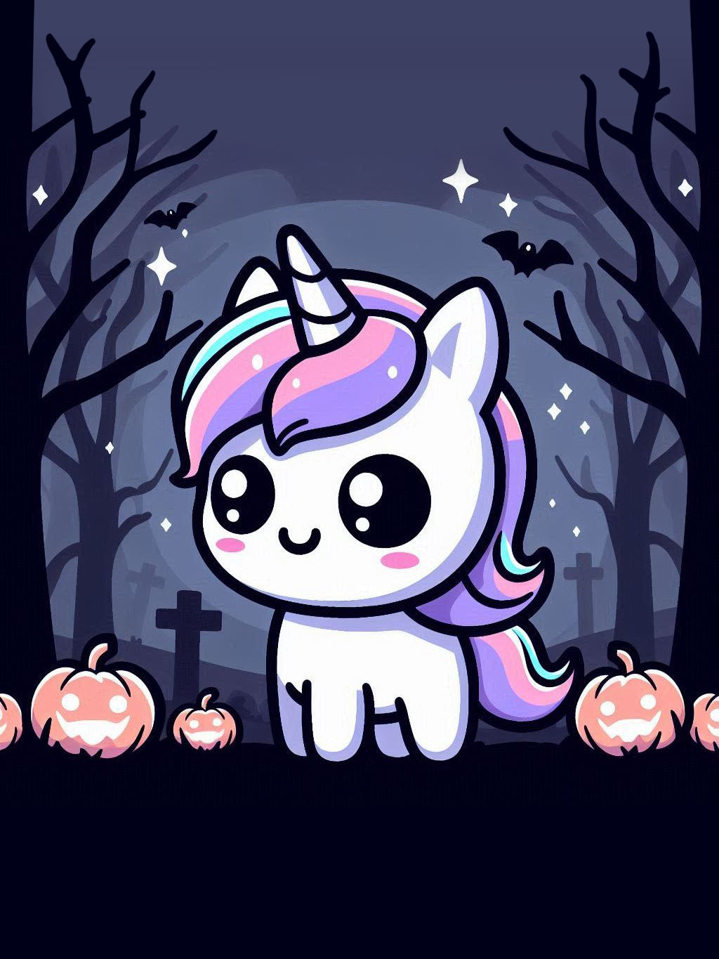 halloween unicorn illustration ideas featuring a cute unicorn in a spooky forest surrounded by smiling pumpkins and bare trees.